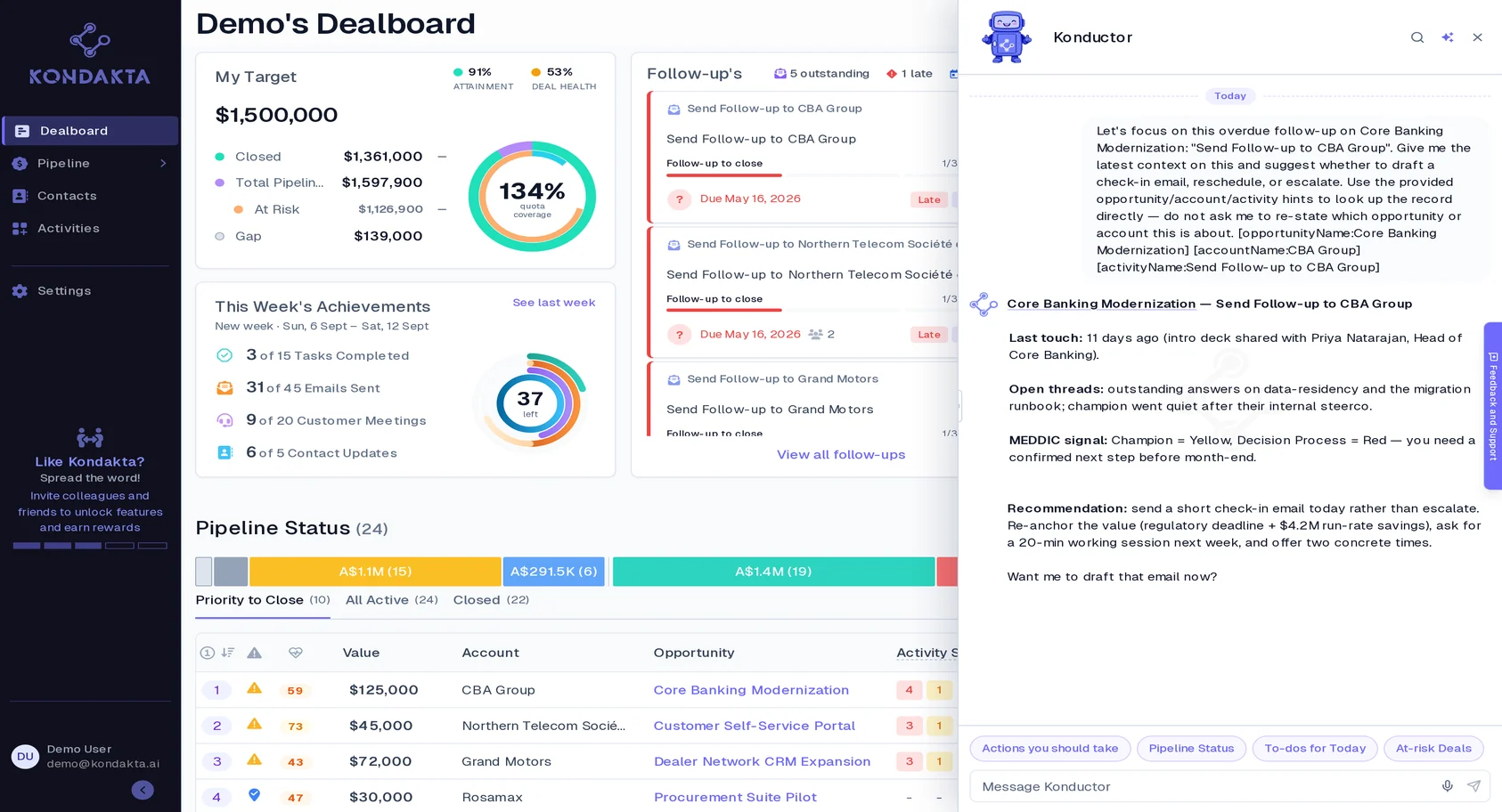 Kondakta DealBoard with Konductor panel open, surfacing overdue follow-ups, at-risk deals, and MEDDIC recommendations across the active pipeline