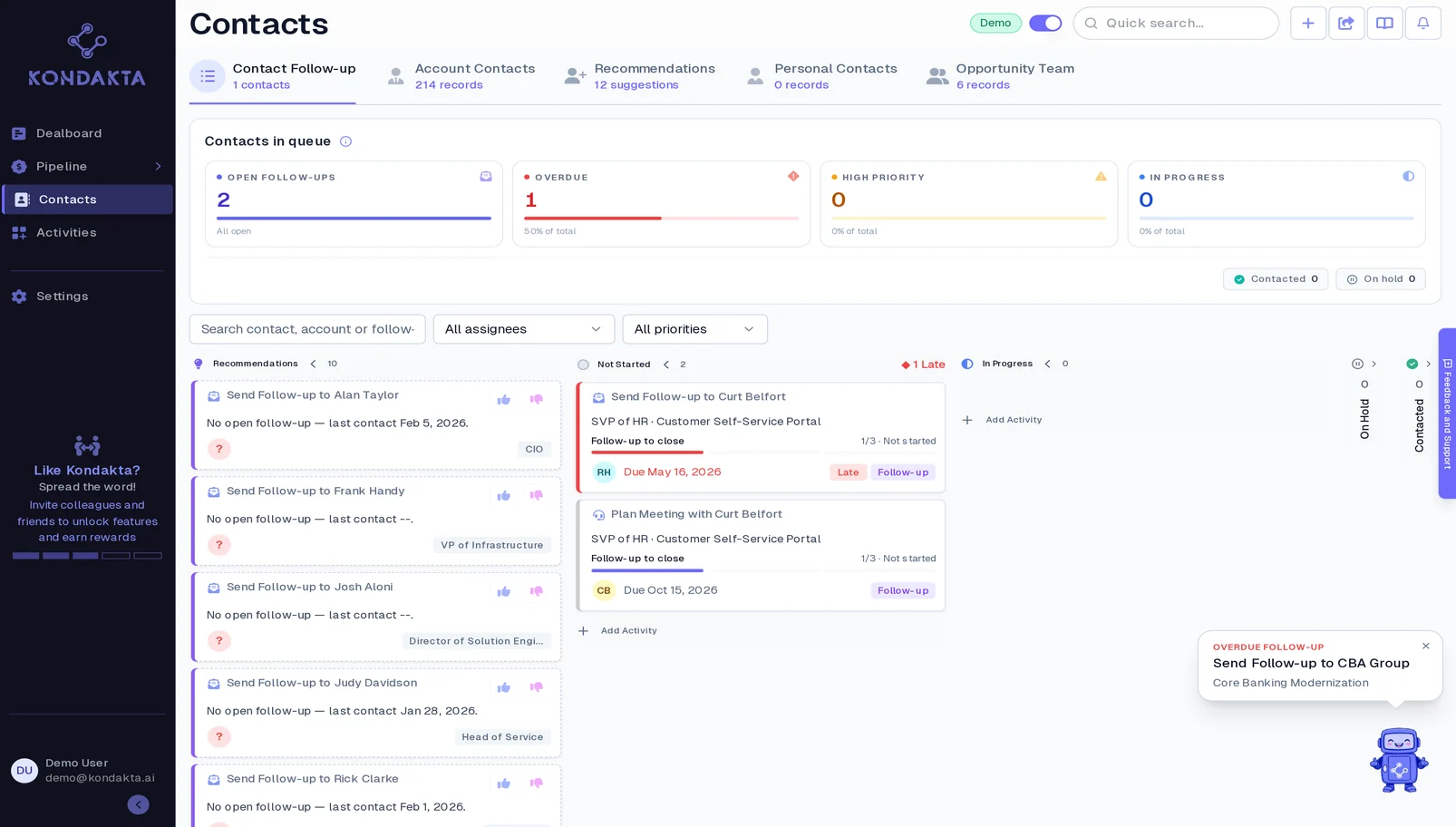 Engagement, contact engagement tracking with roles, sources, and last contact dates