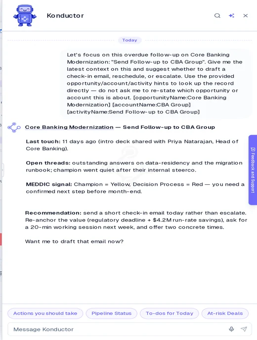 Konductor panel listing auto-created tasks grouped by account, with late status badges and one-click resolution