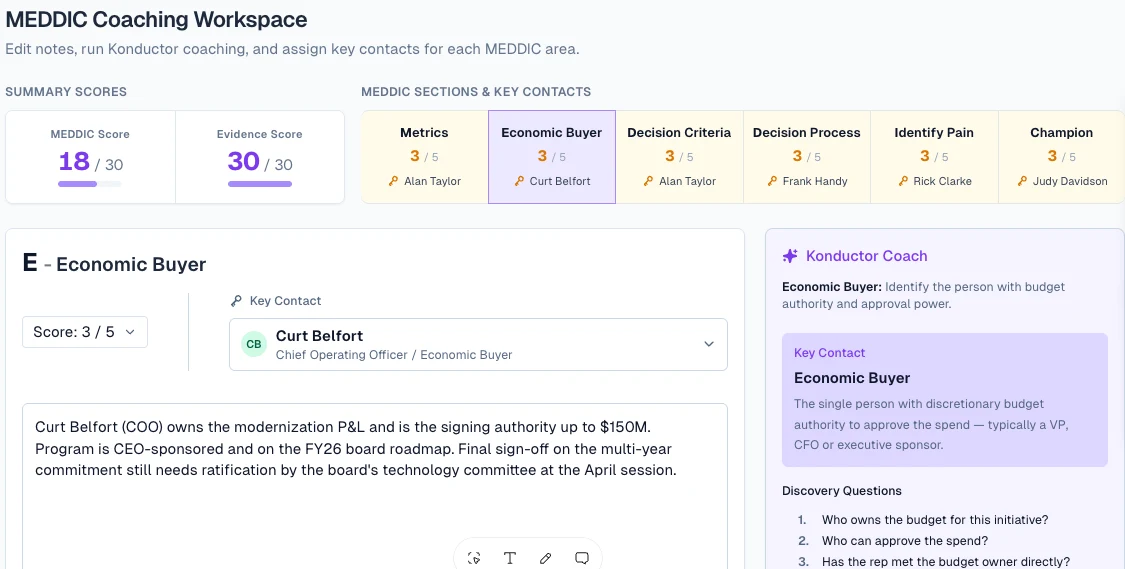 Kondakta MEDDIC coaching workspace showing summary scores, MEDDIC sections with key contacts, and Konductor Coach guidance